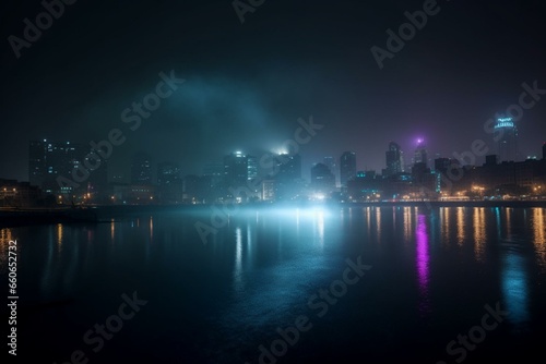 a cityscape with smoky water and vibrant lights at night. Generative AI