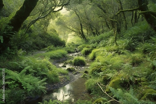 A stream flowing amidst trees and vegetation in a dense woodland. Generative AI © Halcyon