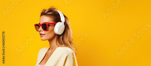 Beautiful smiling happy woman listening to music and singing, using headphones. © maretaarining
