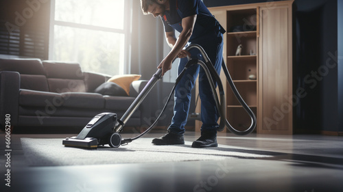 cartoon male worker cleaning the house with vacuum cleaner.