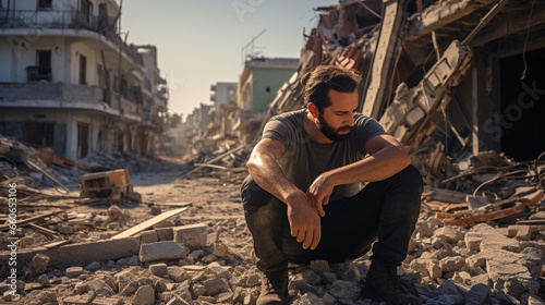 Finding Hope in Desolation: Devastated Man in Ruins during war, Generative AI