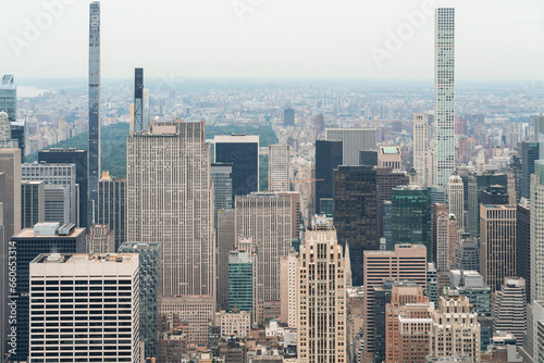 Aerial panoramic city view of Upper Manhattan neighborhoods and the most visited urban park in the United States - Central Park, New York city, USA. Iconic skyscrapers city view of NYC