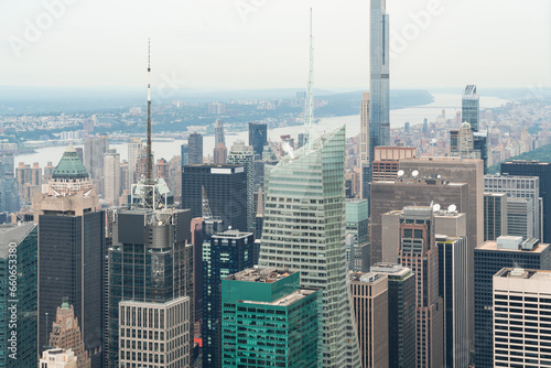 Aerial panoramic city view of Upper Manhattan neighborhoods and the most visited urban park in the United States - Central Park, New York city, USA. Iconic skyscrapers city view of NYC