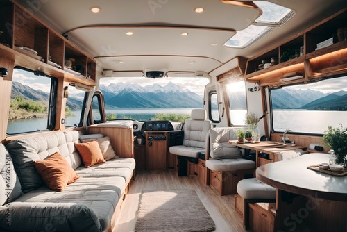 Van converted to tiny house, van life concept, house on wheels interior design 