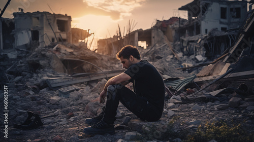 Sorrow in Ruins: Devastated Man After a Natural Disaster - a devastating earthquake, Generative AI © Adolfo Perez Design