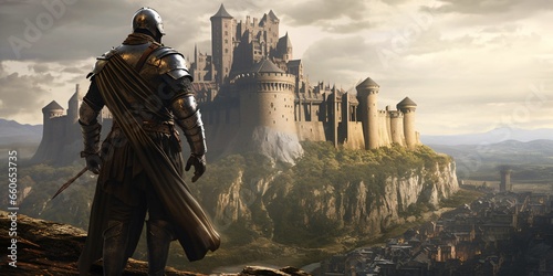 A medieval warrior with a Majestic castle in front of him