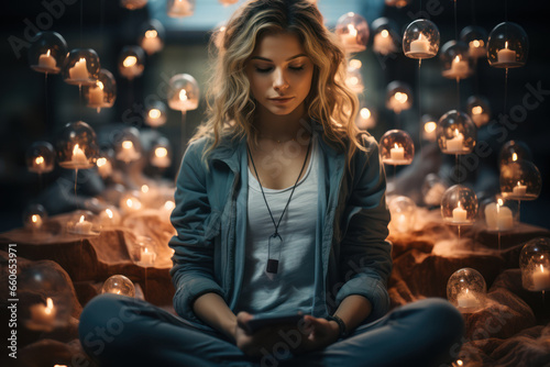 A person benefiting from mindfulness and meditation apps to counteract the negative effects of constant social media exposure. Concept of mindfulness practices. Generative Ai.