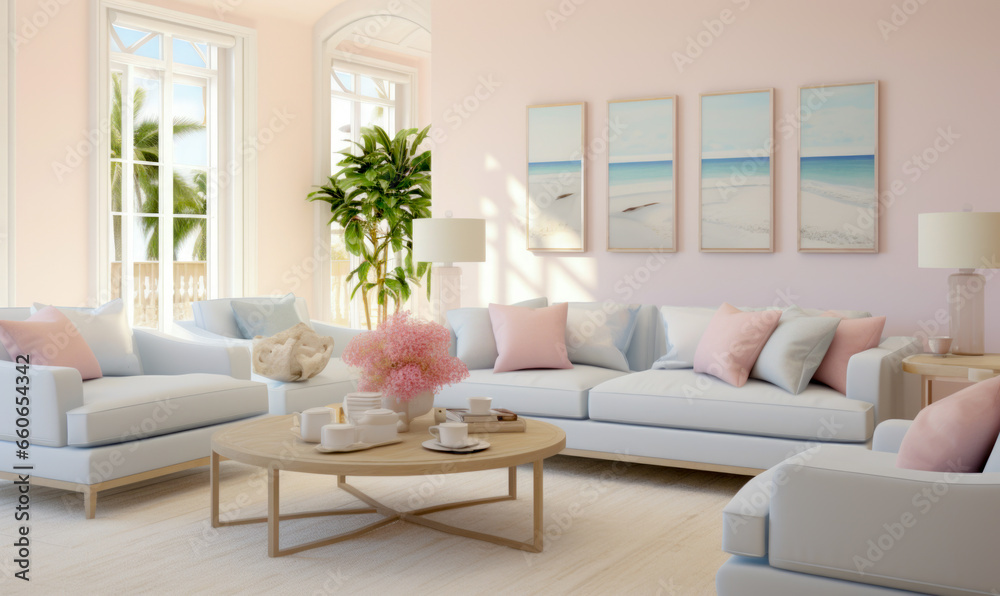 Fototapeta premium Inside the home's room, you'll find a snug atmosphere created by the contemporary apartment's minimalist style, adorned in white and soft hues.