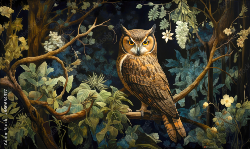 A dramatic owl captured in its natural habitat: a nocturnal portrait of a wild creature. A dramatic owl captured in its natural habitat: a nocturnal portrait of a wild creature.