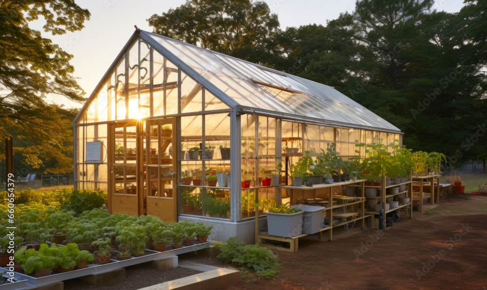 In the back garden, you'll discover a glass greenhouse that nurtures fruits and vegetables throughout the spring and summer seasons.