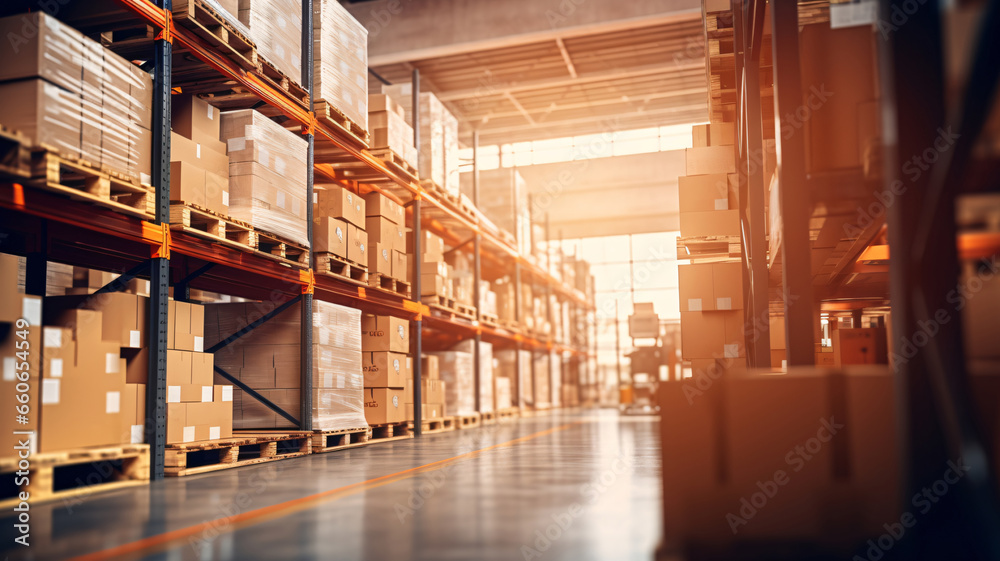 Warehouse or storehouse with rows of boxes on shelves.  industrial background.