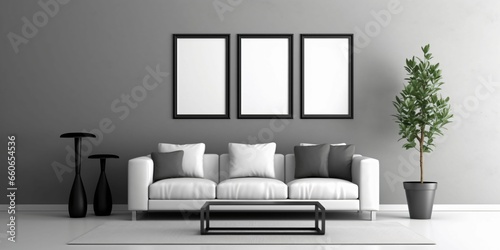 Modern and Minimalist Living Room Interior Design with Blank White Picture Frame Mockup © Resdika