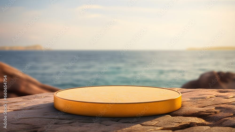 Round Stone Podium in yellow Colors in front of a blurred Seascape. Luxury Backdrop for Product Presentation