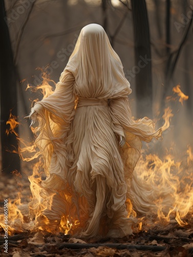 Creepy ghost pyrotechnician walking in the autumn forest among burning leaves, AI