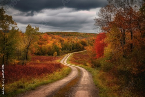 a winding road through a forest with red leaves, trees, and cloudy sky above. Generative AI