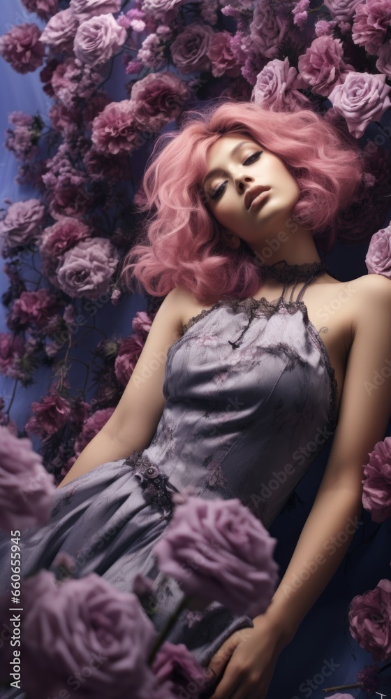 A woman with pink hair laying on a bed of roses