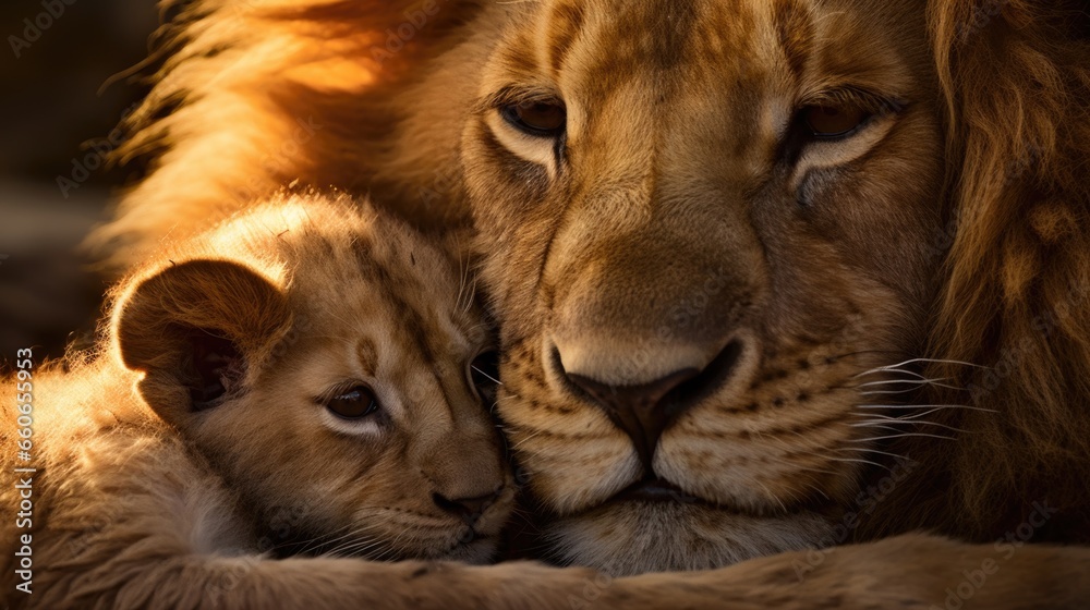 A couple of lions laying next to each other