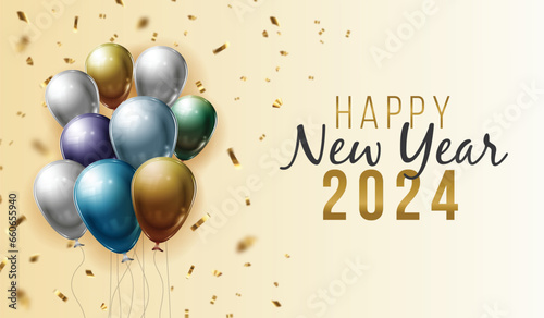 Happy New Year 2024 design. With colorful truncated number illustrations. Premium vector design for poster, banner, greeting, and New Year 2024 celebration