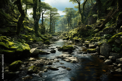 A hidden glen in the Scottish Highlands  where the legend of the Loch Ness Monster endures. Generative Ai.
