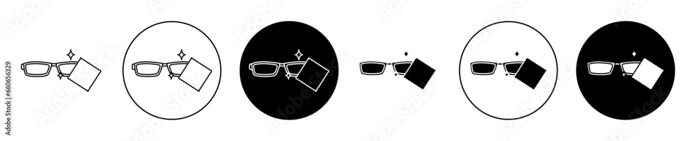 Cleaning eyeglasses icon set. spectacles wet wipe cleaner vector symbol in black filled and outlined style. - obrazy, fototapety, plakaty 