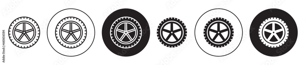 Car wheel icon set. tyre rim vector symbol. tire alloy  sign in black filled and outlined style. - obrazy, fototapety, plakaty 