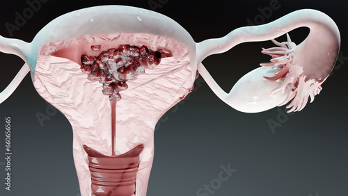 Reproductive system, cancer cells, ovaries cysts, cervical cancer, growing cells, gynecological disease, metastasis cancerous, duplicating, 3d render	
 photo