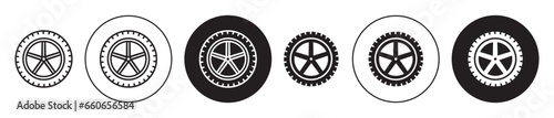 Car wheel icon set. tyre rim vector symbol. tire alloy  sign in black filled and outlined style. photo