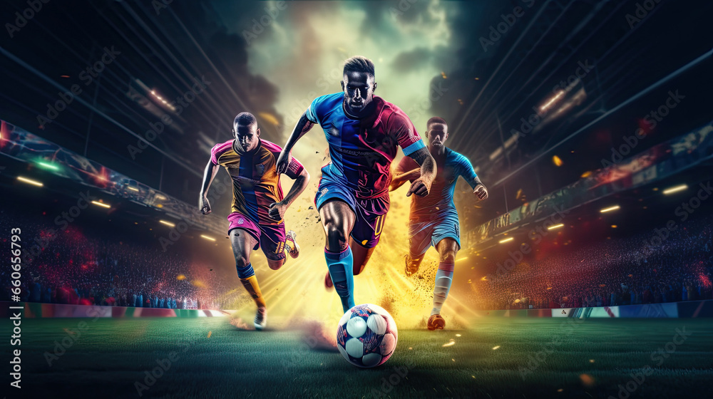 football action scene with competing soccer players - obrazy, fototapety, plakaty 