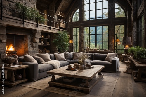 Rustic farmhouse living room with distressed wood furniture, exposed beams, and a cozy fireplace