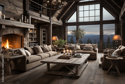 Rustic farmhouse living room with distressed wood furniture, exposed beams, and a cozy fireplace