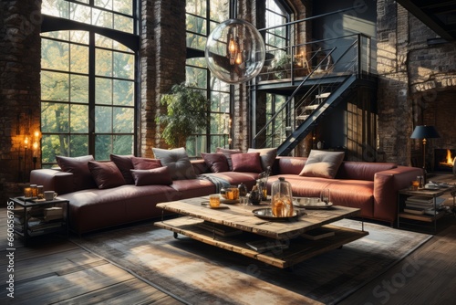 living room industrial loft with exposed brick walls, metal furnishings, and large windows