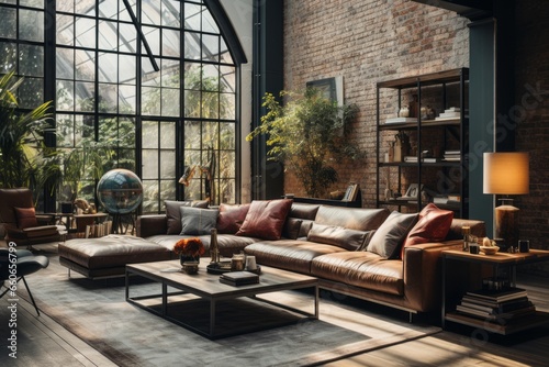 Industrial loft living room with exposed brick walls, metal furnishings, and large windows photo