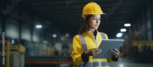 woman worker holding clip chart and taking notes in warehouse distribution