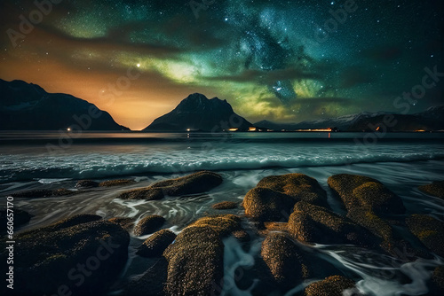 crystal waves under aurora skies, generative ai
