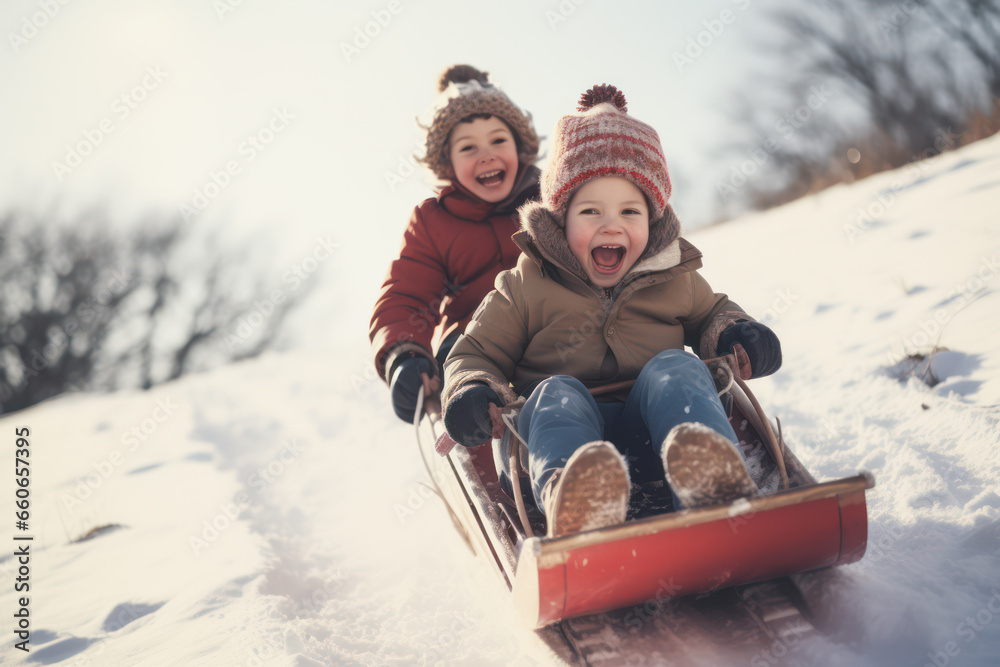Two kids sledding down a hill in winter - obrazy, fototapety, plakaty 