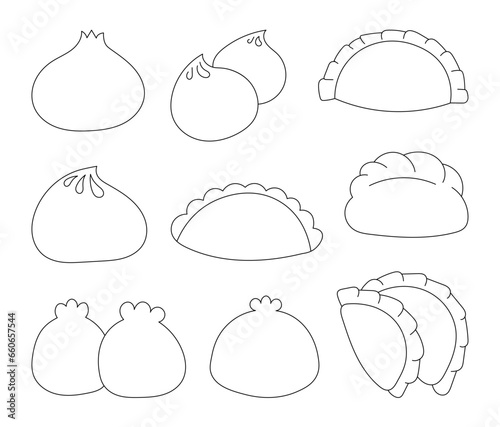 Dim Sum. Coloring Page. Asian food menu. Traditional Chinese dumplings. Vector drawing. Collection of design elements.