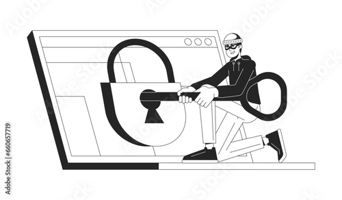 Hacking padlock bw concept vector spot illustration. Laptop. Man with key trying to open 2D cartoon flat line monochromatic character for web UI design. Cybercrime editable isolated outline hero image