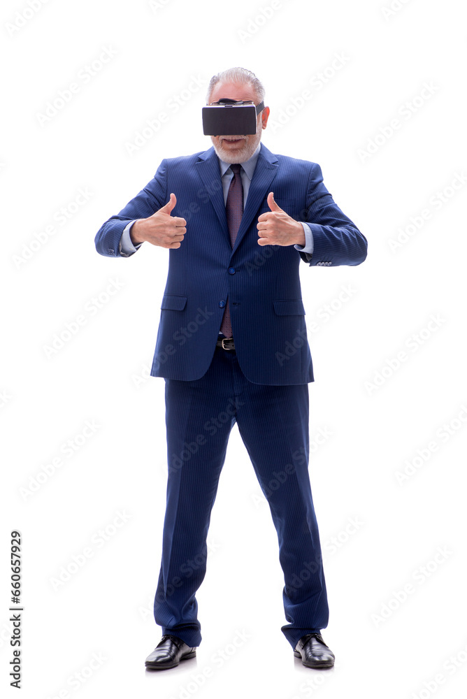 Old businessman wearing virtual glasses isolated on white Old businessman wearing virtual glasses isolated on white