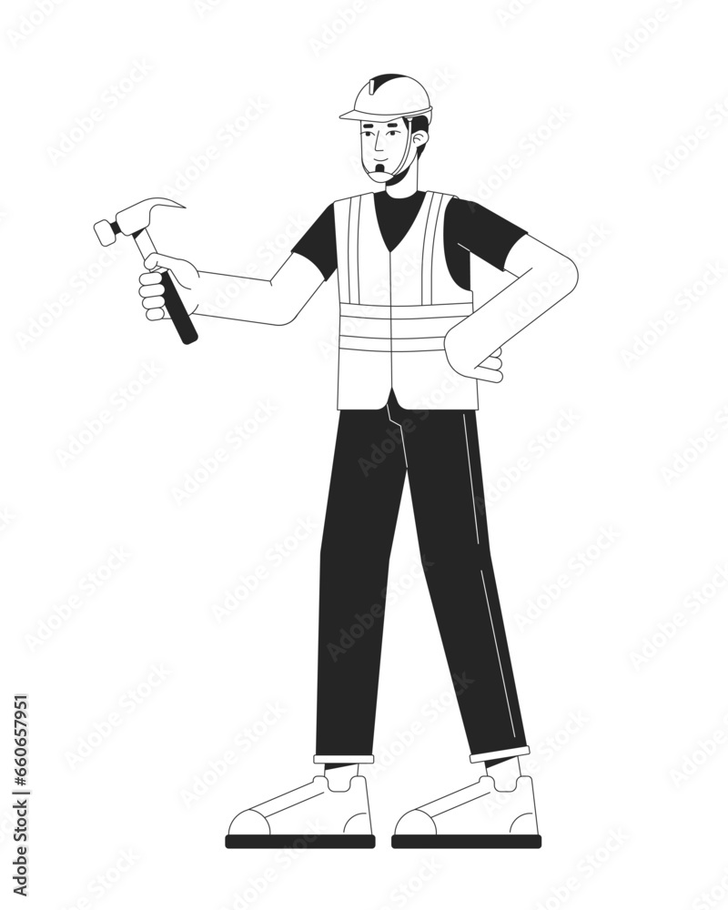 European repairman holding hammer black and white 2D line cartoon character. Caucasian adult man carpenter isolated vector outline person. Hardhat specialist fix monochromatic flat spot illustration