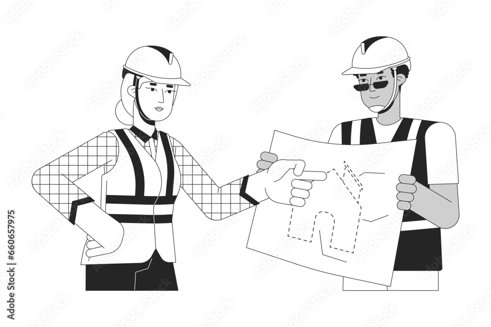 Diverse contractors discussing blueprint black and white 2D line cartoon characters. Building supervisor, construction worker isolated vector outline people. Monochromatic flat spot illustration Diverse contractors discussing blueprint black and white 2D line cartoon characters. Building supervisor, construction worker isolated vector outline people. Monochromatic flat spot illustration