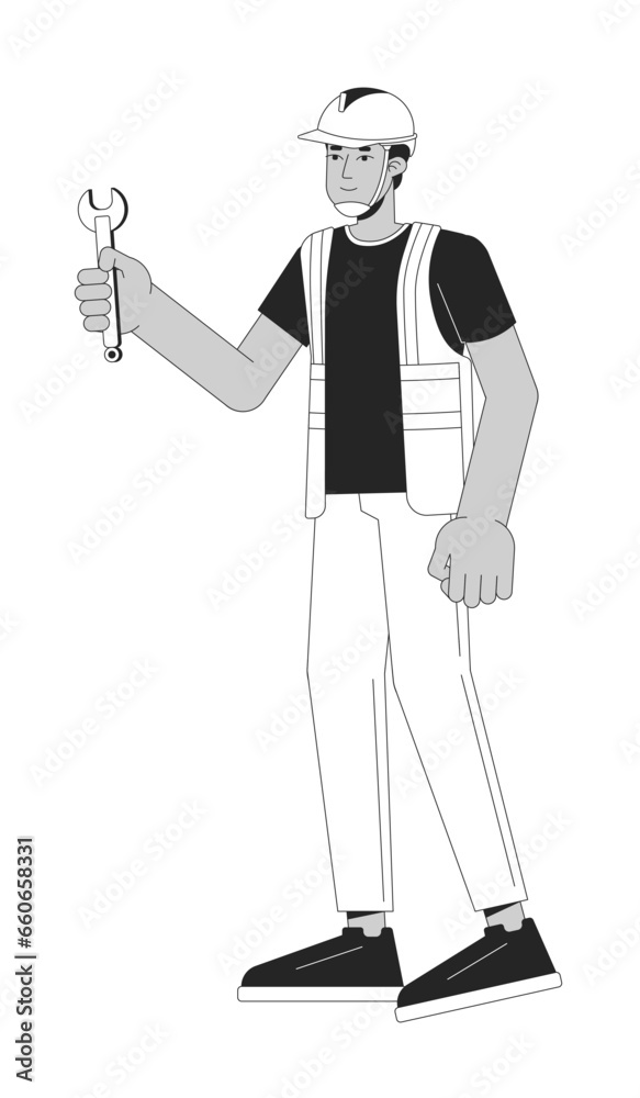 Indian repairman construction worker black and white 2D line cartoon character. South asian male contractor hardhat isolated vector outline person. Holding wrench monochromatic flat spot illustration Indian repairman construction worker black and white 2D line cartoon character. South asian male contractor hardhat isolated vector outline person. Holding wrench monochromatic flat spot illustration