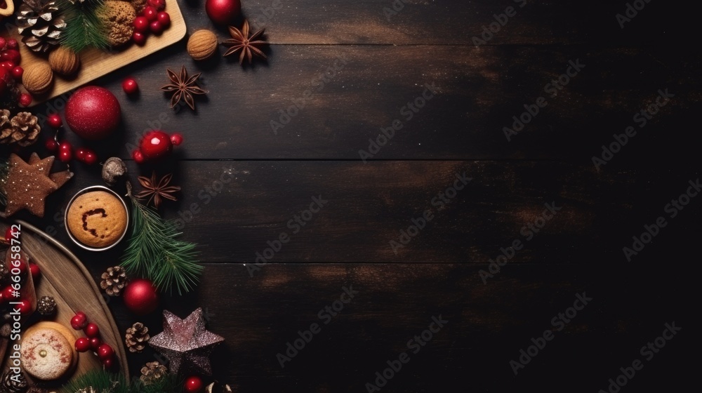 Merry Christmas, greeting card, Christmas cookies on dark table, top view, background, space for text, top-down Christmas decorations background