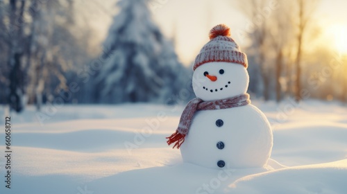 Cute snowman in a knitted bobble hat and scarf in a winter forest with copy space