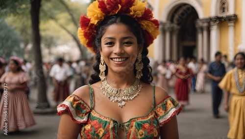 Nicaraguan folklore dancer smiling and looking at the camera outside the cathedral church in the central park of the city of Leon. The woman wears the typical dress of Central America. Ai Generated
