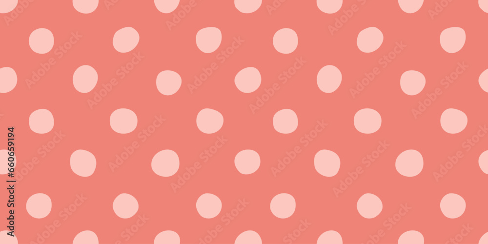 Hand drawn seamless polka dots pattern, pink and apricot colors, doodle style vector