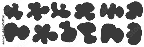 Organic amoeba drops form abstract colorful vector illustration. A set of irregularly shaped graphic elements with jagged edges. Collection of doodle drops.