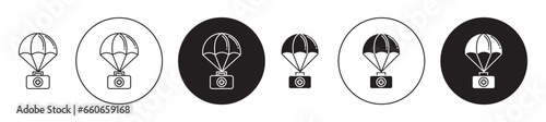Parachute with first aid kit icon set. disaster emergency relief goods vector symbol in black filled and outlined style. photo