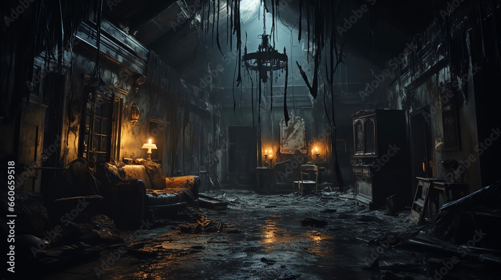Obraz premium Haunted house spooky interior living area in dilapidated condition