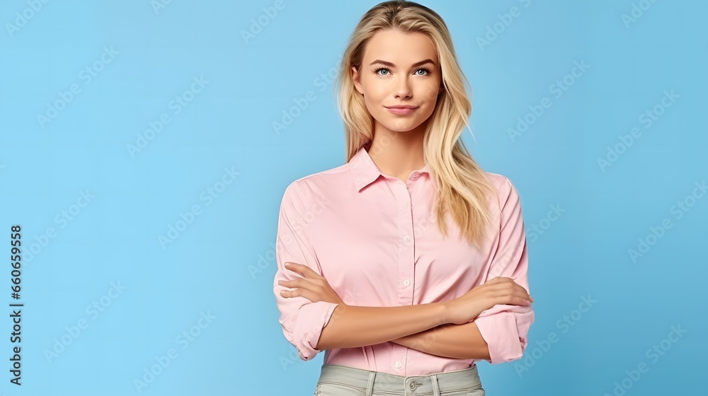 Young woman with blue wall behind Young woman with blue wall behind