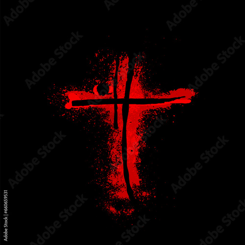 Red religious cross on a black background. bloody cross, hand drawing. Not AI, Illustrat3. Vector illustration